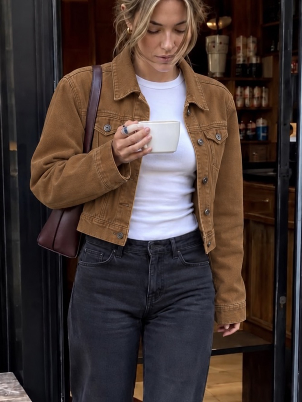 Western Workwear Cropped Brown Denim Jacket Utility Chic